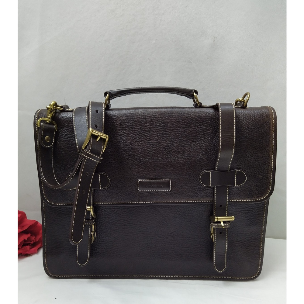 Cole Haan Brown Pebbled Leather Buckle Flap Top Handle Briefcase Messenger Bag
